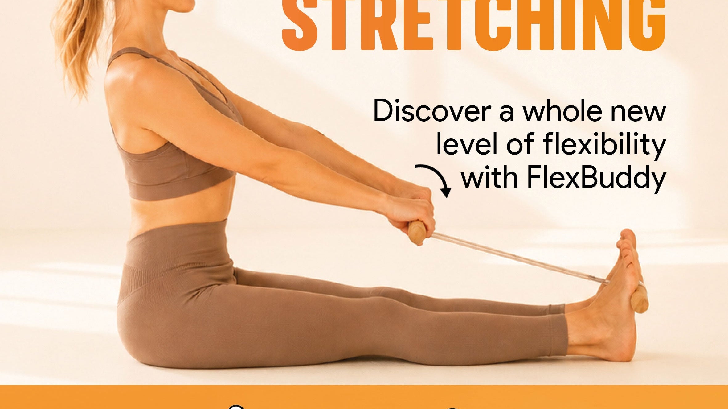 Woman stretching comfortably with the FlexBuddy tool — supported stretching made easy