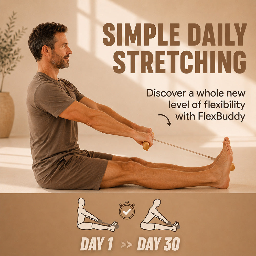Beginner using the FlexBuddy stretching tool in a seated stretch at home